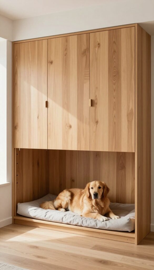 Built-in dog crate under stairs disguised as furniture with slatted doors and a dog resting inside