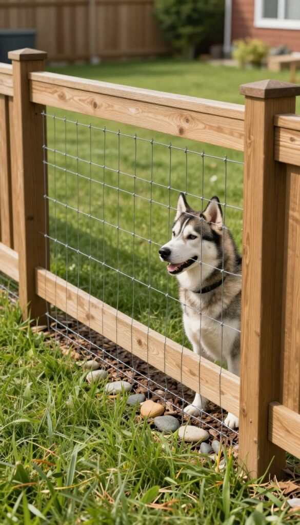 Secure fencing with dig-proof barriers for dogs, featuring buried wire mesh and rocks at the base of a wooden fence in a sunny backyard.