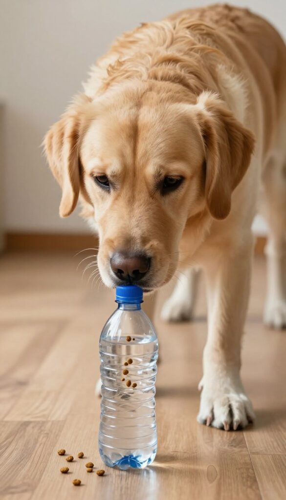 Dog pushing a treat-dispensing plastic bottle with holes on a wooden floor
