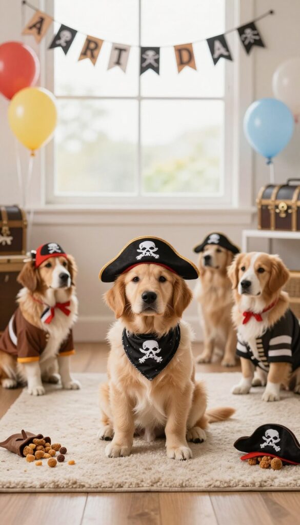 Dogs in pirate costumes at a themed birthday party indoors