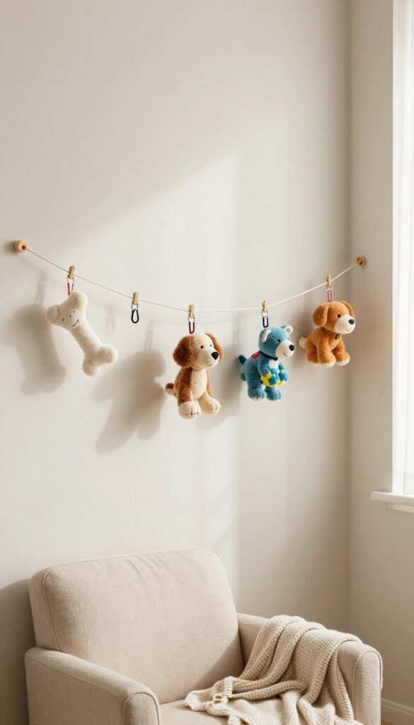 A tension rod with hanging dog toys in a cozy living room corner