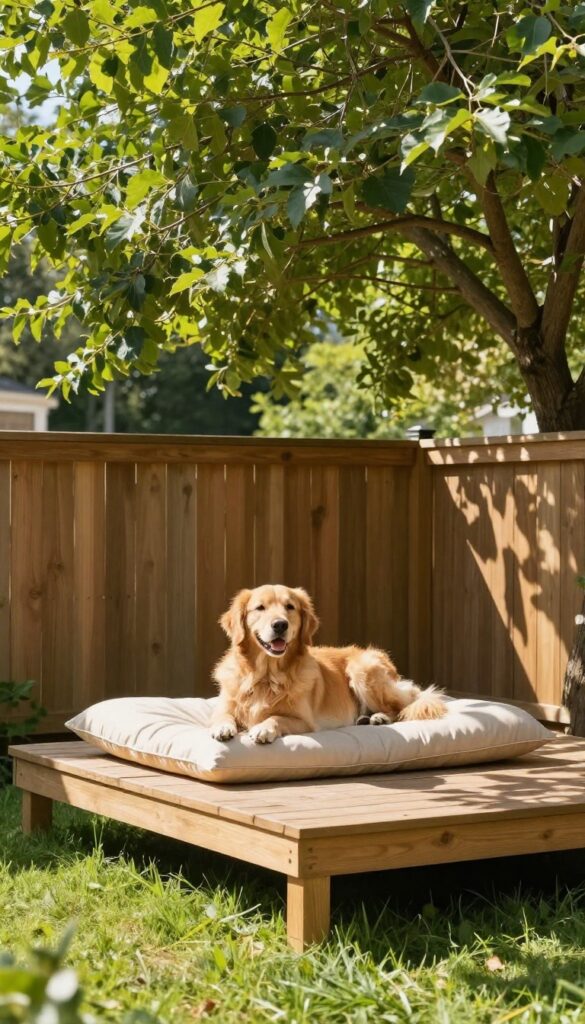 Golden retriever lounging on a raised wooden platform with cushion in a sunny backyard, looking over a fence.
