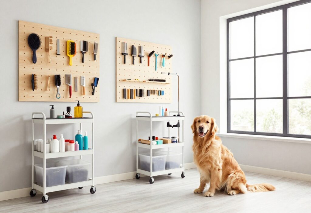 Organized dog grooming room with pegboard, rolling cart, and clear bins, golden retriever on grooming table