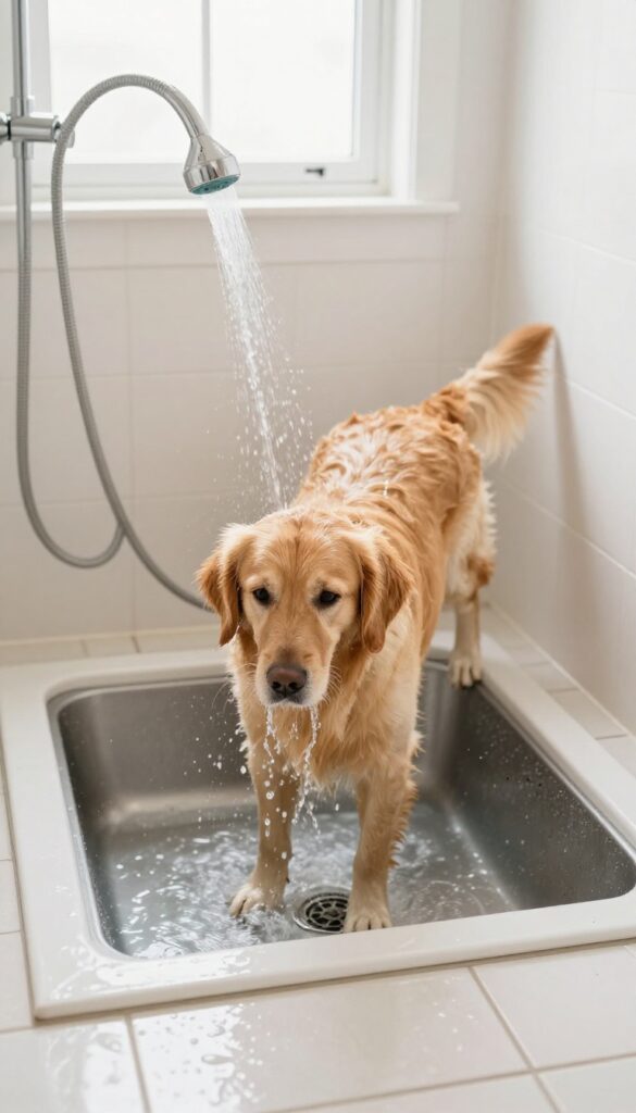 Dog bath laundry room with floor drain and golden retriever being rinsed