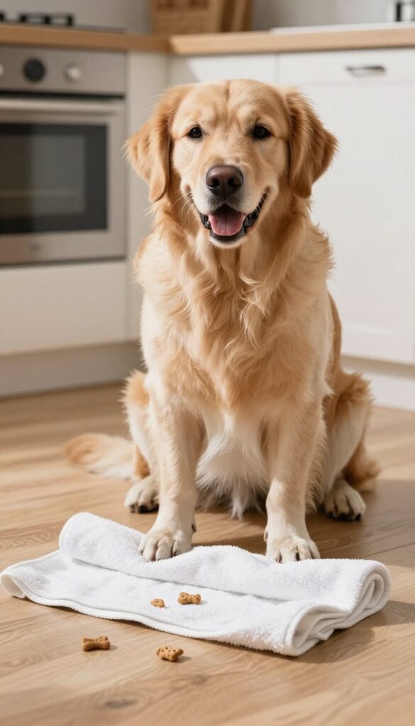 Dog unrolling a twisted towel with treats on a kitchen floor