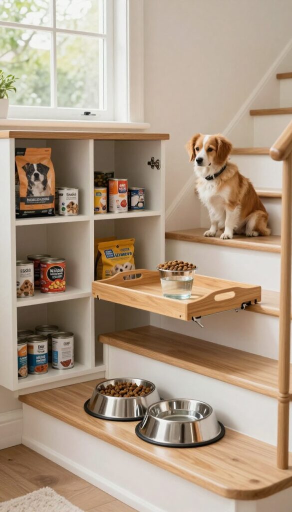 Pull-out feeding station under stairs with dog bowls and storage cabinets