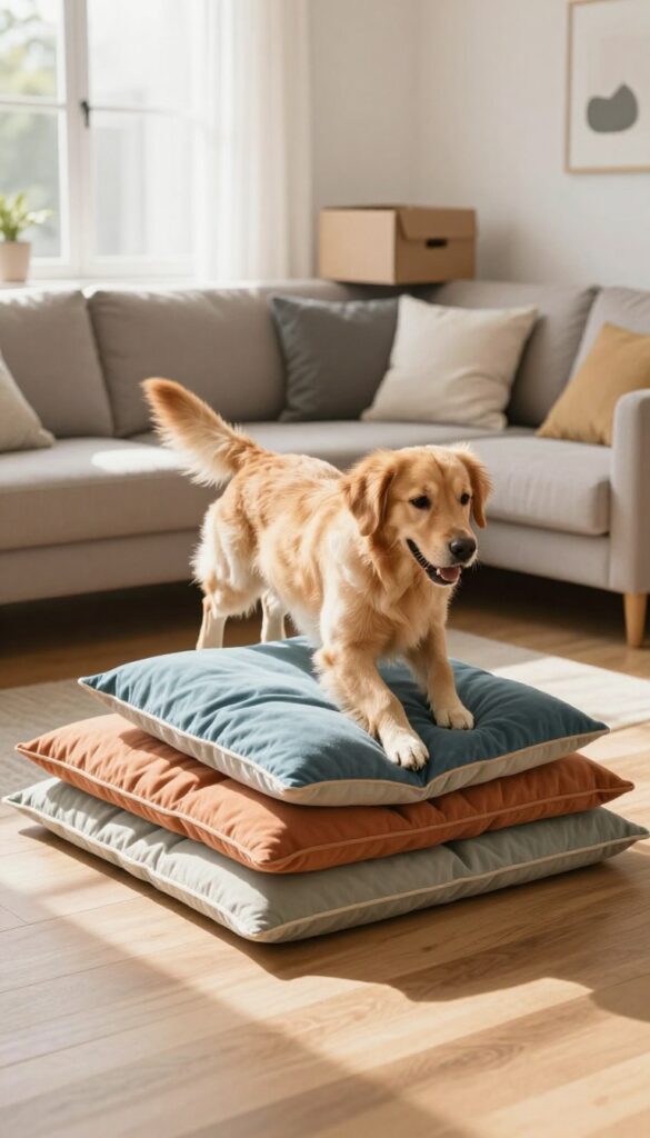 Dog jumping over pillows in a living room obstacle course