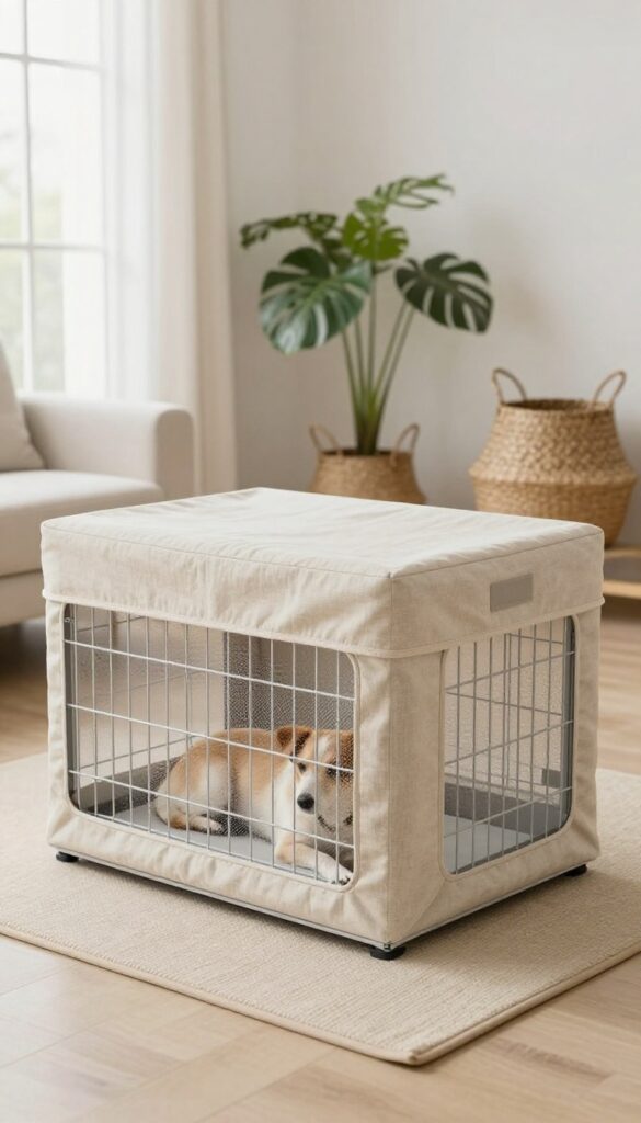 Minimalist wire dog crate with stylish beige linen cover in bright living room, dog sleeping inside.