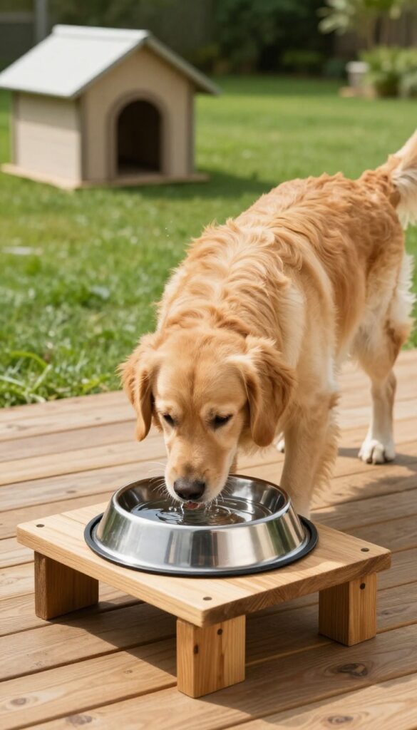 Elevated food and water station for dogs outdoors, with a golden retriever eating from a raised bowl on a wooden stand.