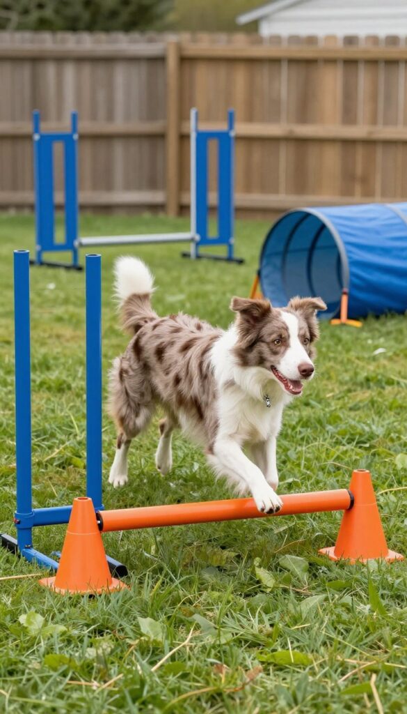 Dog running through agility course in side yard with weave poles, tunnel, and jump