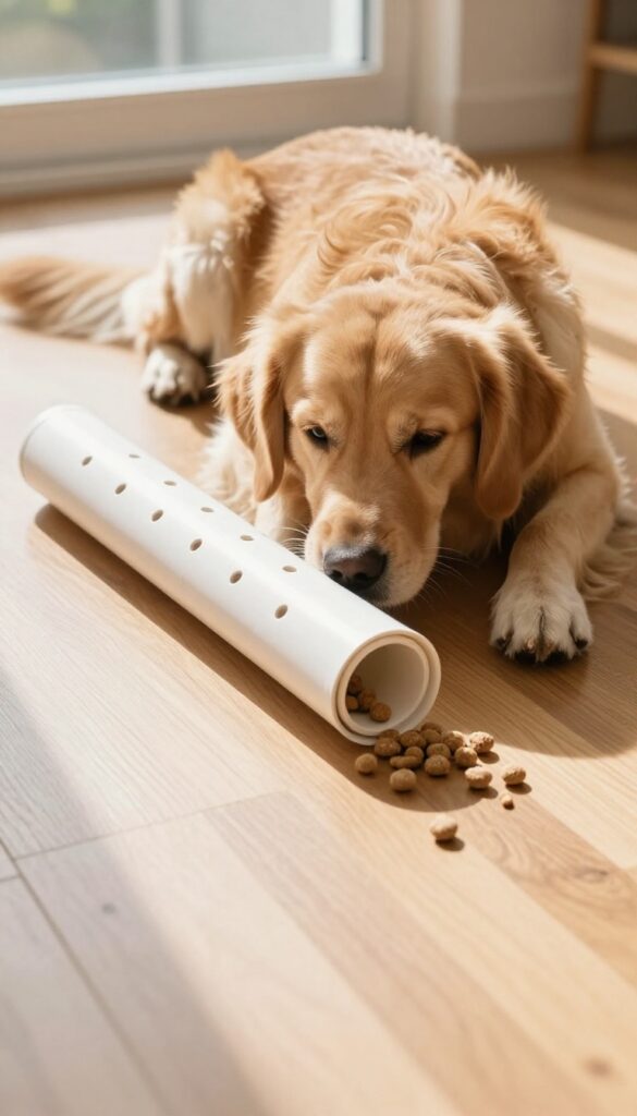 Golden retriever rolling a PVC pipe puzzle feeder on a hardwood floor with treats falling out