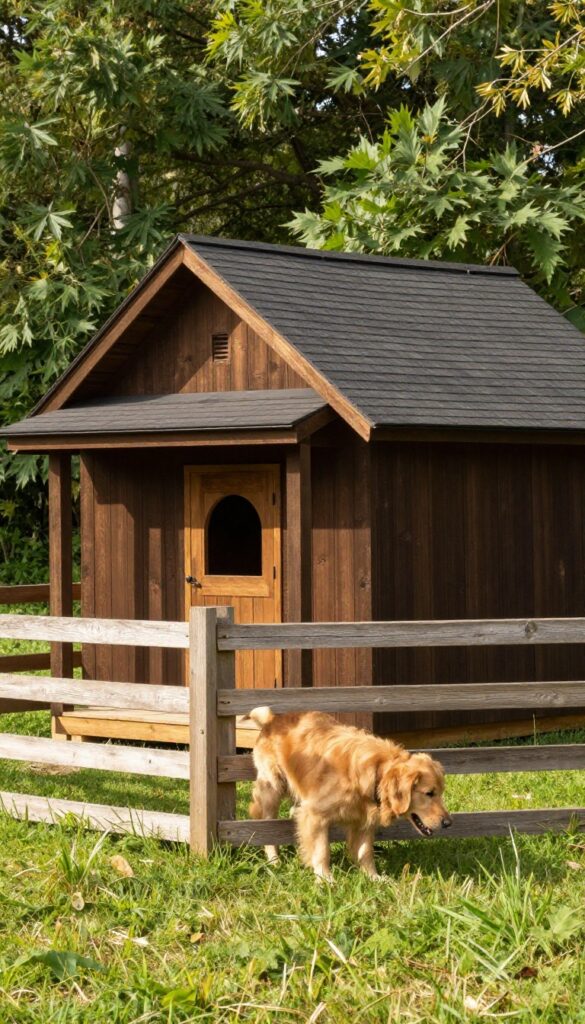 A-frame wooden dog house with attached fenced run in a sunny backyard