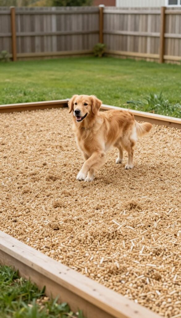A golden retriever running on a gravel dog run with wooden edging, showcasing good drainage and a clean, dry surface.