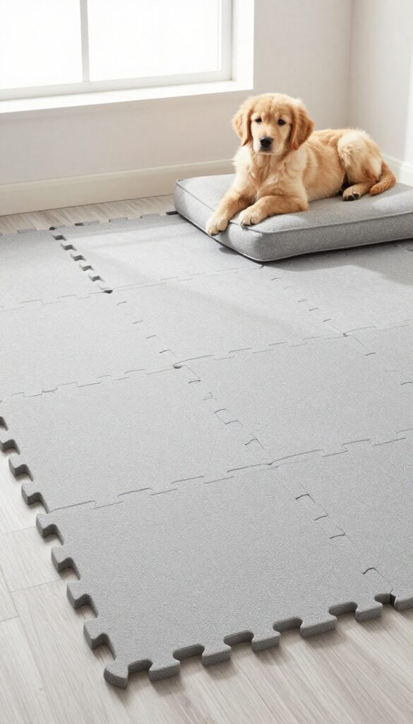 Golden retriever puppy resting on interlocking foam tiles in a kennel