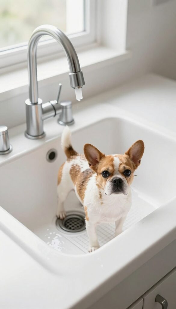 Dog standing in a deep laundry room sink with a pull-out faucet, realistic dog bath setup.