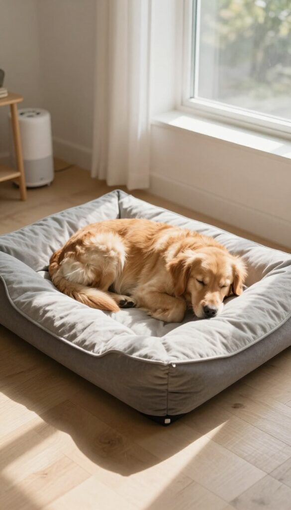 White noise machine near a sleeping dog on a cozy bed in a bright bedroom
