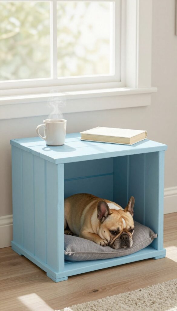 A repurposed wooden crate end table with a dog sleeping inside and coffee mug on top