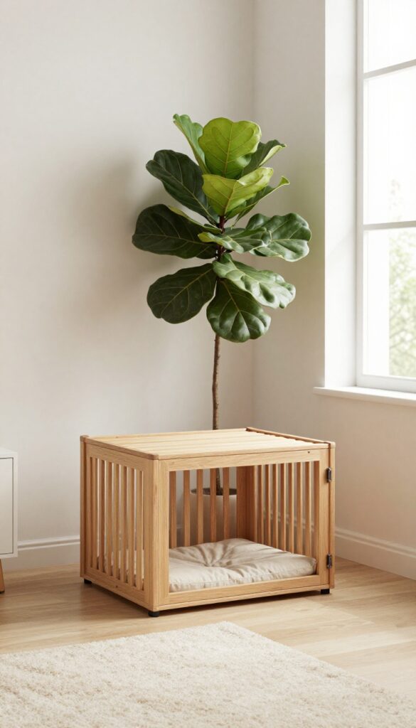 Dog crate in a quiet corner with a plant and rug, peaceful home setting