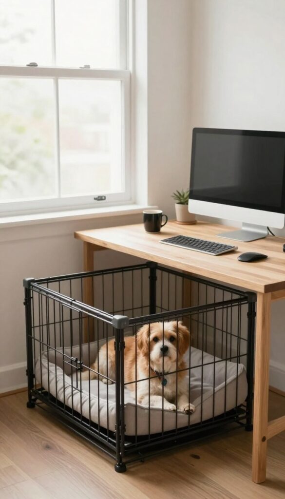 Under-desk dog crate in a home office, cozy and organized, with a small dog resting inside.