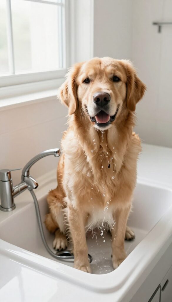 Dog sitting in a deep utility sink in a mudroom, with a sprayer and non-slip mat, natural light, photorealistic