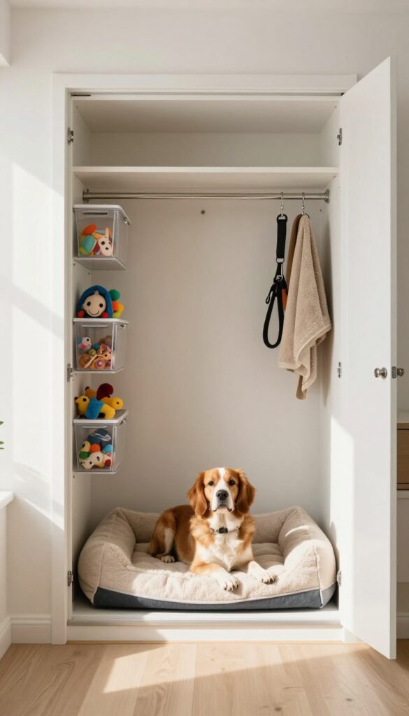 Closet turned dog suite with cozy bed and organized storage in a small stylish home