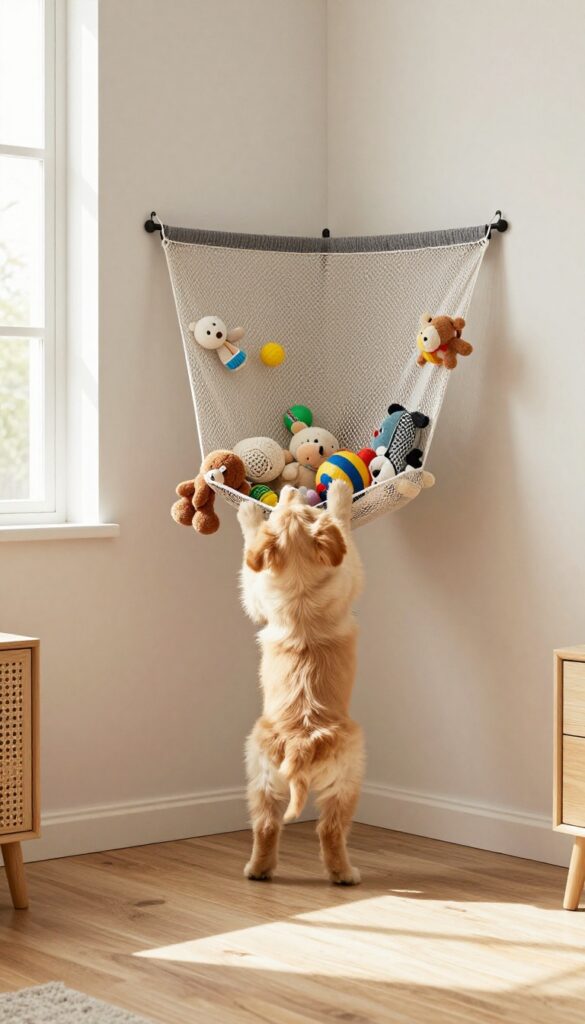 Dog reaching for toys in a mesh hammock in a sunny corner