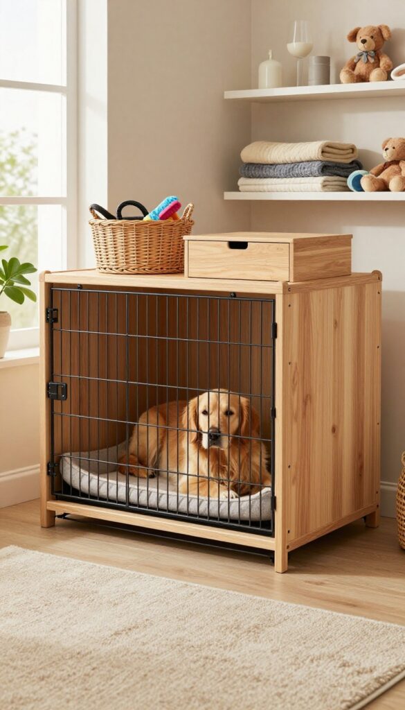 Multi-functional dog crate with built-in storage, featuring a dog resting inside, drawers above, and organized dog accessories on top and beside the unit.
