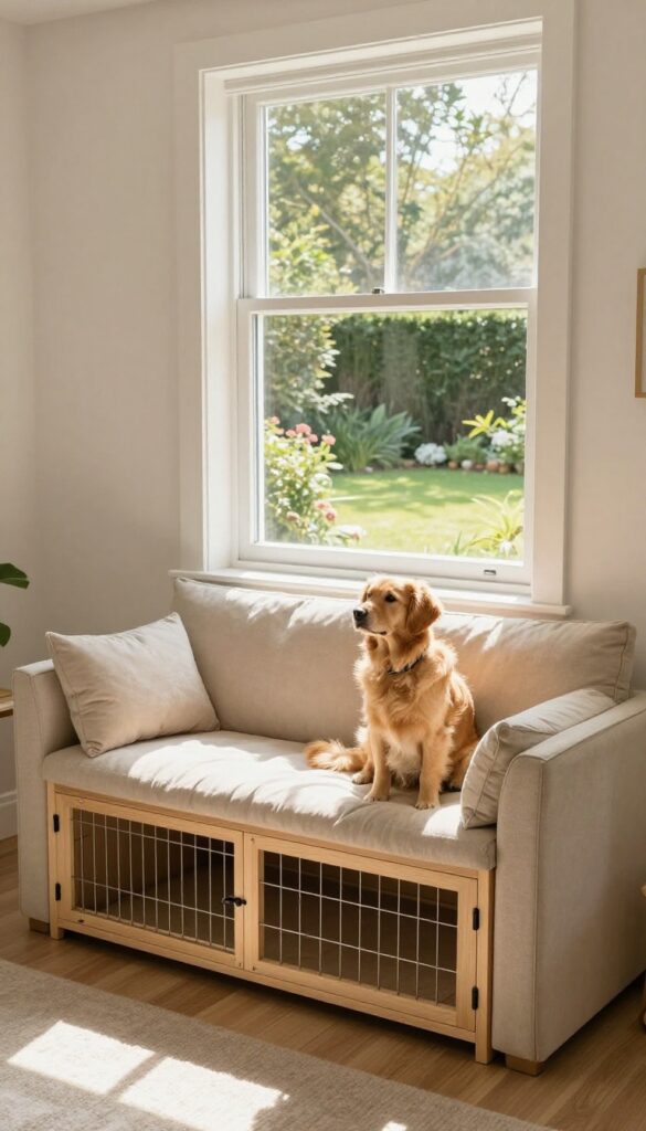 Built-in window seat dog kennel combo with a dog looking out the window