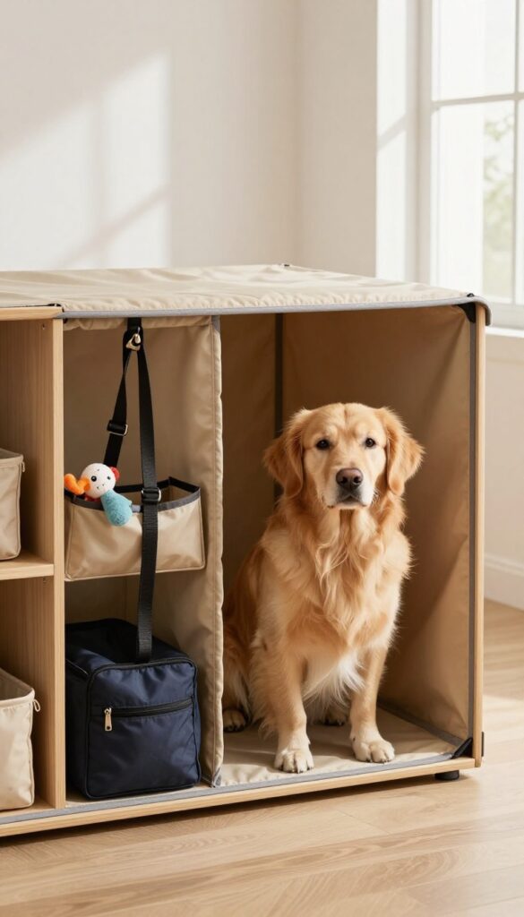 Dog kennel with a cover that has built-in storage pockets holding a leash, treats, and a toy, in a bright living room with a golden retriever beside it.