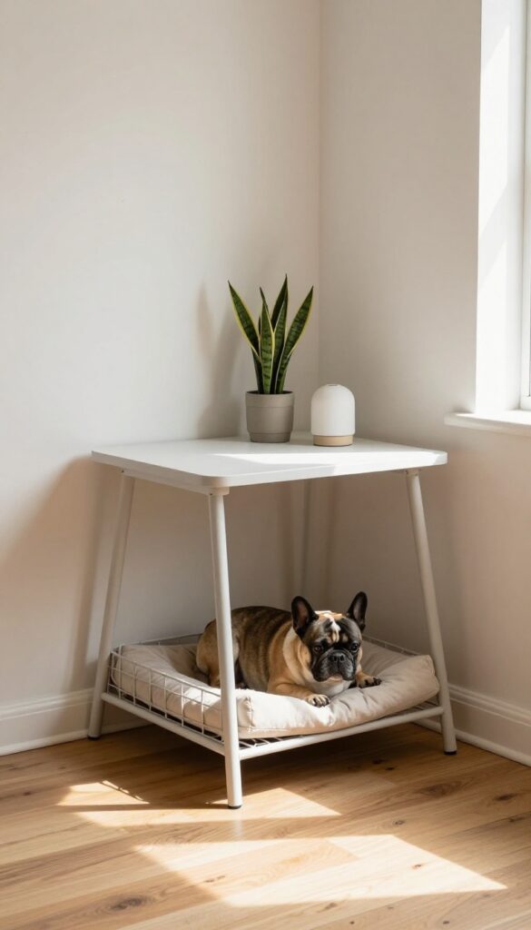 Triangular corner kennel table with a dog inside, topped with a plant and lamp in a bright room