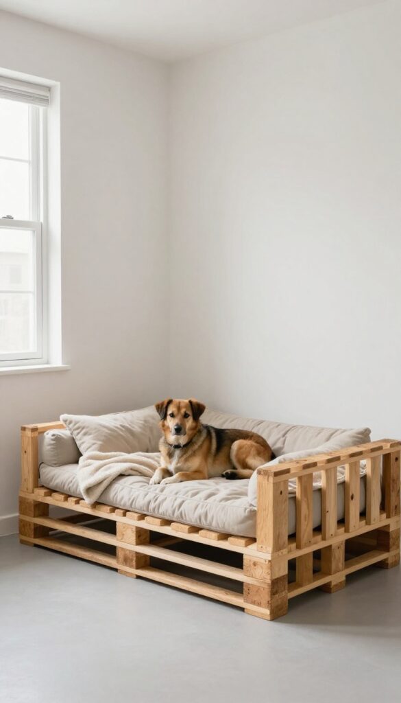 Crate-style pallet dog bed with a dog resting inside