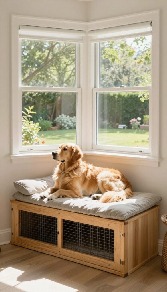 A built-in window seat kennel with a Golden Retriever resting inside, enjoying the view through a sunny bay window.