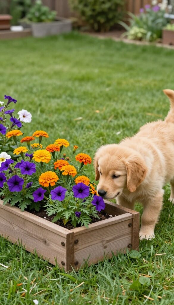 Golden retriever puppy sniffing marigolds and petunias in a raised garden bed