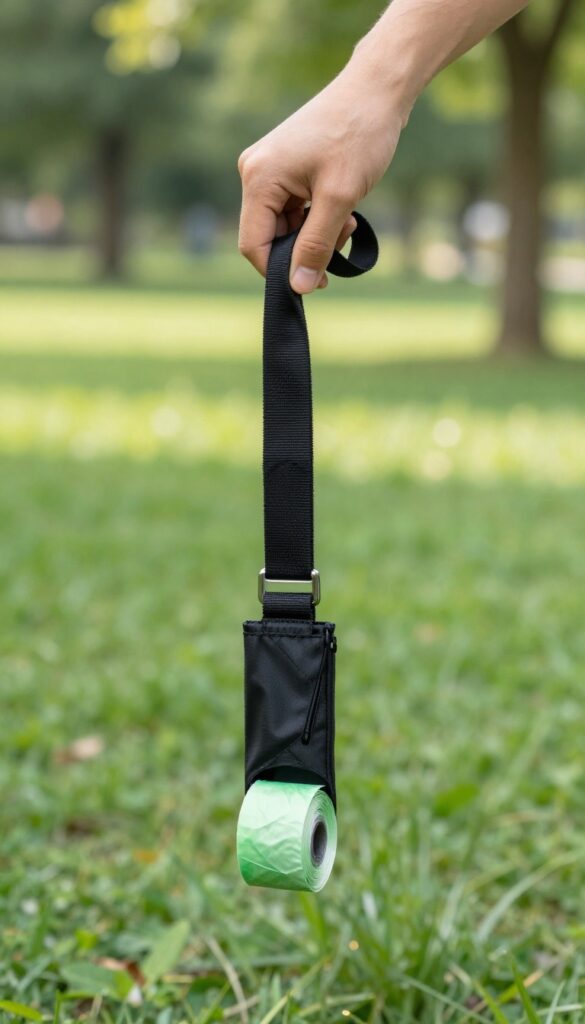 Dog leash with attached waste bag holder, revealing a roll of poop bags, in a sunny park setting.