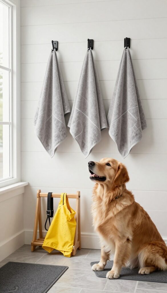 Mudroom with towel hooks and drying rack for wet dogs, featuring a Golden Retriever sitting on a mat.