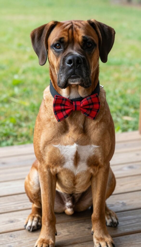Short-haired Boxer dog wearing a red plaid bow tie on a black collar, sitting on a wooden porch in natural light.