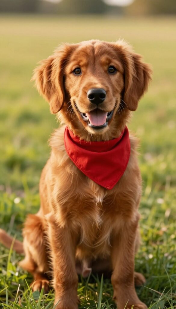 A happy Irish Setter puppy with a red coat wearing a red bandana in a sunny field