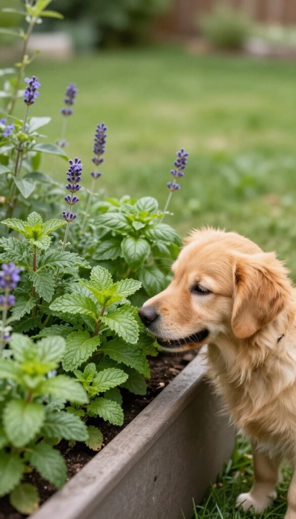 Dog sniffing herbs in a raised garden bed in a sunny backyard