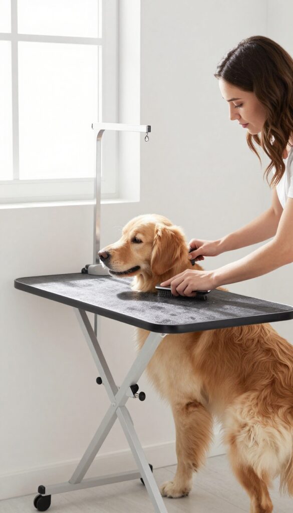 Wall-mounted fold-down grooming table in use with a golden retriever on a non-slip mat, brushed by a woman in a bright laundry nook.