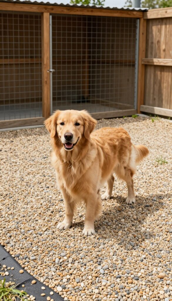 Gravel-filled dog kennel with weed barrier and a golden retriever standing on the clean, dry gravel surface
