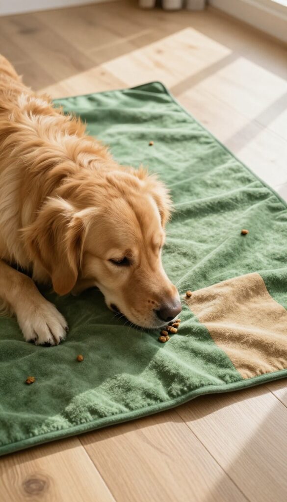 Dog using a snuffle mat to forage for treats