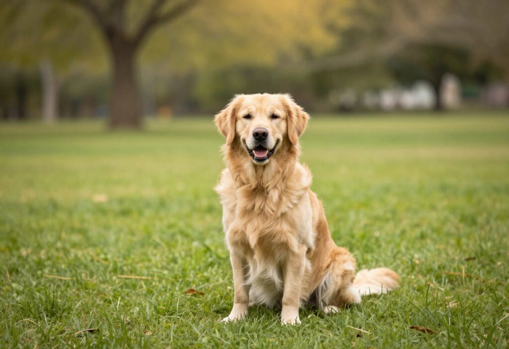 Happy dog sitting on grass with soft sunlight in background