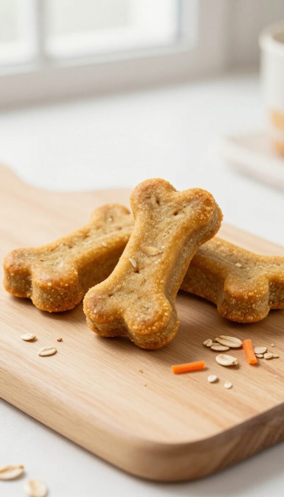 Homemade banana carrot oat dog treats on a wooden cutting board, three-quarter view with natural light.