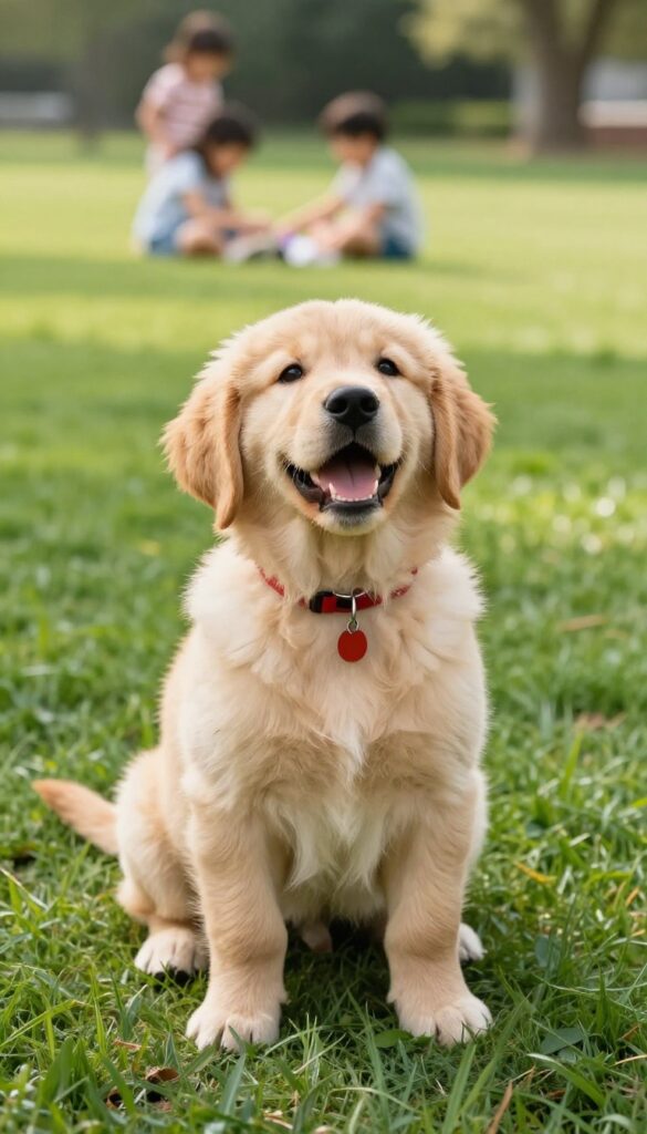 Golden retriever puppy Max sitting on grass in sunlight, wearing a red collar, looking happy, with family playing in background.
