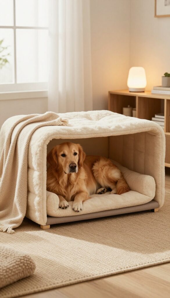 Cozy dog crate with soft lighting, plush bed, and relaxed Golden Retriever in a bright living room corner