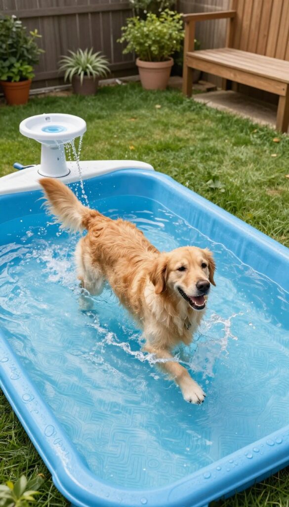 A golden retriever playing in a kiddie pool with a splash pad in a shaded backyard dog run