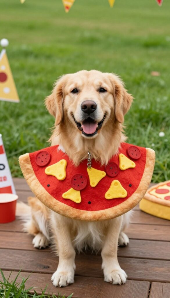 Dog wearing a pizza slice costume standing on a wooden deck outdoors with party decorations in background.