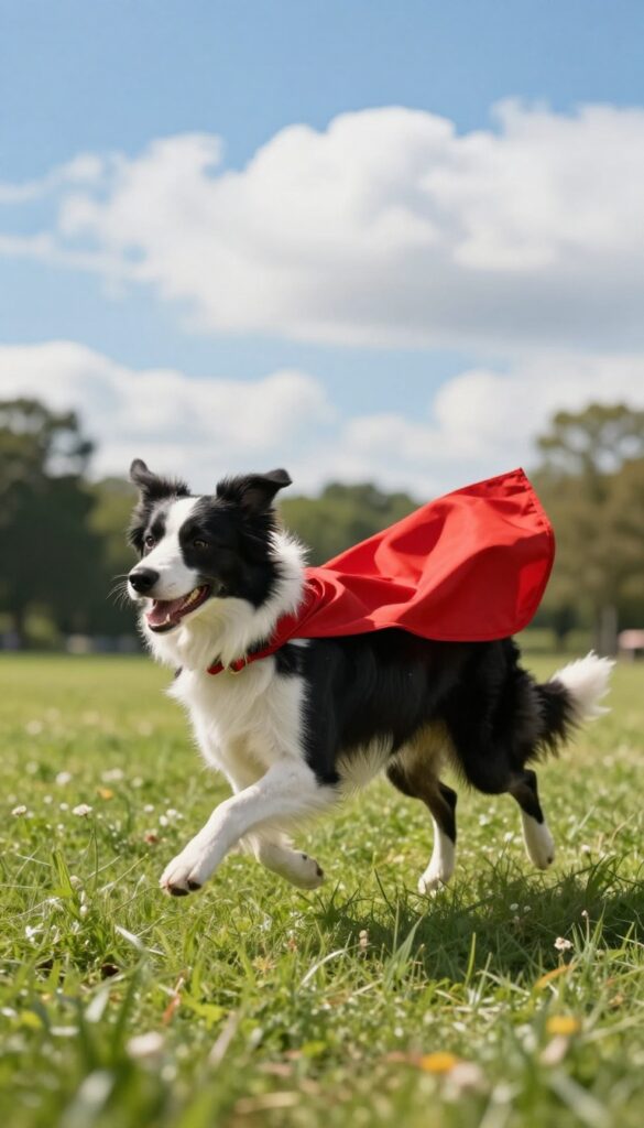 Border Collie wearing a red superhero cape running in a sunny park