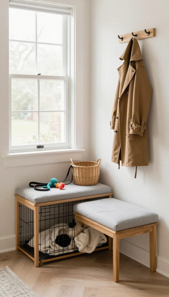 A crate bench in an entryway with a cushioned seat and a dog crate underneath, surrounded by hooks and a basket for leashes and toys.