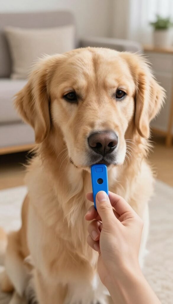 Hand holding a blue clicker near a golden retriever's nose in a bright, cozy living room